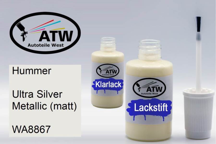 Hummer, Ultra Silver Metallic (matt), WA8867: 20ml Lackstift + 20ml Klarlack - Set, von ATW Autoteile West.